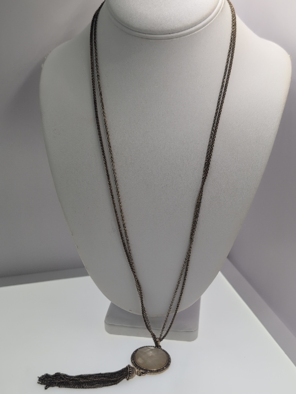 Lucky Brand Gold-Tone Long Double Chain Necklace with Round Stone and Tassel